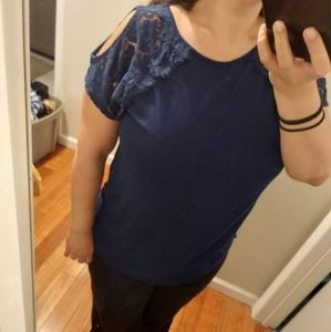 Blue lace cold shoulder shirt